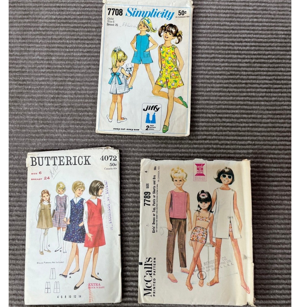 Lot 3 Vintage 1960s Girls Sewing Patterns Simplicity 7708 Butterick 4072 Size 6